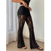 image:imageRoseSeek Womens Y2k Floral Lace Sheer Mesh Patchwork Pants Flared Gothic Elastic Waisted Bell Bottoms Trousers PantsBlack