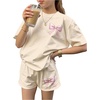 image:imageRoseSeek Girls 2 Piece Outfits Cherry Bow Graphic Tee Shirt and Shorts Set Cute Summer OutfitsBow Beige