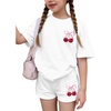 image:imageRoseSeek Girls 2 Piece Outfits Cherry Bow Graphic Tee Shirt and Shorts Set Cute Summer OutfitsWhite