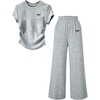 image:imageRoseSeek Girls 2 Piece Outfits Short Sleeve Bow Graphic Tees and Wide Leg Pants Set Summer Cute ClothesGrey
