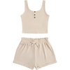 image:imageRoseSeek Girls 2 Piece Outfits Waffle Knit Scoop Neck Button Down Crop Tank Tops Paperbag Waist Track ShortsBeige