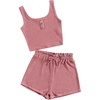 image:imageRoseSeek Girls 2 Piece Outfits Waffle Knit Scoop Neck Button Down Crop Tank Tops Paperbag Waist Track ShortsDusty Pink