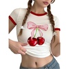image:imageRoseSeek Girls Cherry Bow Crop Shirts Cute Short Sleeve Graphic Tees Summer Crew Neck Tight T ShirtWhite