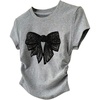 image:imageRoseSeek Girls Cute Sequin Bow Tops Ruched Short Sleeve Crew Neck Slim Fit T ShirtsGrey