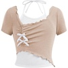 image:imageRoseSeek Girls Halter Crop Tops Colorblock Bowknot Fake Two Piece Cute Summer T Shirt Y2k Tops TrendyApricot