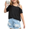 image:imageRoseSeek Girls Off The Shoulder Tops Short Sleeve Loose Summer T Shirt Tops Trendy Cold Shoulder TopsBlack