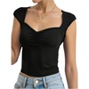 image:imageRoseSeek Girls Ruched Cap Sleeve Tops Sweetheart Neck Slim Fit Cropped T Shirts Cute Summer ClothesBlack