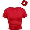 image:imageRoseSeek Girls Short Sleeve Ruched Tee Tops Basic Crew Neck Slim Fit T Shirts with Hair TiesRed