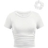 image:imageRoseSeek Girls Short Sleeve Ruched Tee Tops Basic Crew Neck Slim Fit T Shirts with Hair TiesWhite