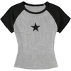 image:imageRoseSeek Girls Star Patchwork Color Block Crop Tops Short Sleeve Crew Neck Ribbed T ShirtsLight Grey