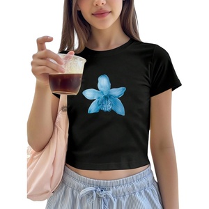 image:imageRoseSeek Floral Graphic Crop Tops for Girls Short Sleeve Slim fit Preppy Summer T Shirt Y2k Tops TrendyBlack