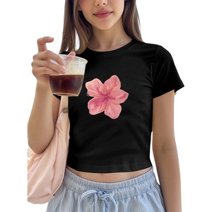image:imageRoseSeek Floral Graphic Crop Tops for Girls Short Sleeve Slim fit Preppy Summer T Shirt Y2k Tops TrendyFloral Print Black