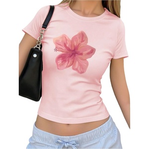 image:imageRoseSeek Floral Graphic Crop Tops for Girls Short Sleeve Slim fit Preppy Summer T Shirt Y2k Tops TrendyPink
