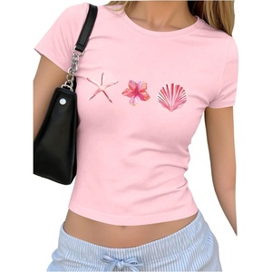 image:imageRoseSeek Floral Graphic Crop Tops for Girls Short Sleeve Slim fit Preppy Summer T Shirt Y2k Tops TrendyStarfish Pink