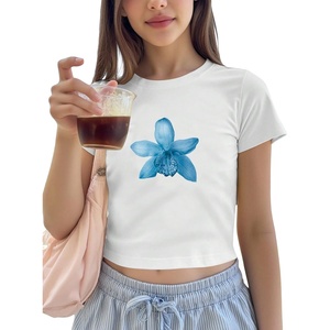 image:imageRoseSeek Floral Graphic Crop Tops for Girls Short Sleeve Slim fit Preppy Summer T Shirt Y2k Tops TrendyWhite Floral