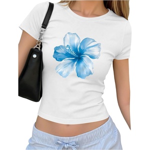 image:imageRoseSeek Floral Graphic Crop Tops for Girls Short Sleeve Slim fit Preppy Summer T Shirt Y2k Tops TrendyWhite Floral Blue