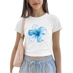 image:imageRoseSeek Floral Graphic Crop Tops for Girls Short Sleeve Slim fit Preppy Summer T Shirt Y2k Tops TrendyWhite and Blue