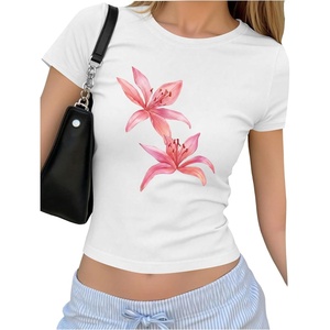 image:imageRoseSeek Floral Graphic Crop Tops for Girls Short Sleeve Slim fit Preppy Summer T Shirt Y2k Tops TrendyWhite and Pink
