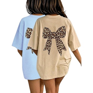 image:imageRoseSeek Girls 2 Pack Bow Leopard Graphic Tees Short Sleeve Preppy Summer Tops Aesthetic Baggy Tops TrendyBlue and Beige