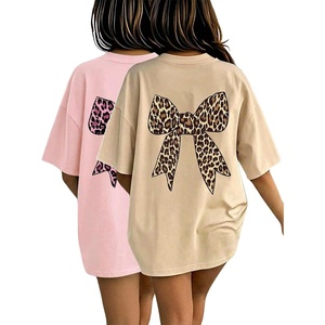 image:imageRoseSeek Girls 2 Pack Bow Leopard Graphic Tees Short Sleeve Preppy Summer Tops Aesthetic Baggy Tops TrendyPink and Beige