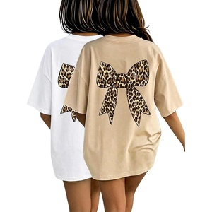 image:imageRoseSeek Girls 2 Pack Bow Leopard Graphic Tees Short Sleeve Preppy Summer Tops Aesthetic Baggy Tops TrendyWhite and Beige