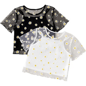 image:imageRoseSeek Girls 2 Packs Mesh Shirt Crop Tops Floral Print Short Sleeve Summer Cute Shirt Tops for TeensBlack and White