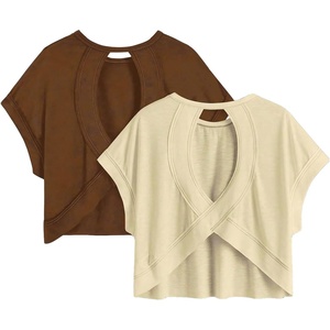 image:imageRoseSeek Girls 2 Packs Open Back Backless Tops Criss Cross Short Sleeve T Shirts Crewneck Casual TeesBeige and Brown