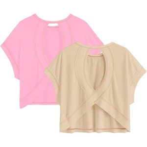 image:imageRoseSeek Girls 2 Packs Open Back Backless Tops Criss Cross Short Sleeve T Shirts Crewneck Casual TeesBeige and Pink