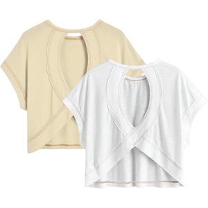 image:imageRoseSeek Girls 2 Packs Open Back Backless Tops Criss Cross Short Sleeve T Shirts Crewneck Casual TeesBeige and White