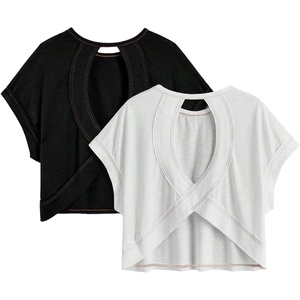 image:imageRoseSeek Girls 2 Packs Open Back Backless Tops Criss Cross Short Sleeve T Shirts Crewneck Casual TeesBlack White