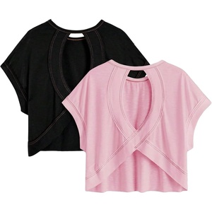 image:imageRoseSeek Girls 2 Packs Open Back Backless Tops Criss Cross Short Sleeve T Shirts Crewneck Casual TeesBlack and Pink
