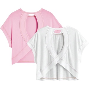 image:imageRoseSeek Girls 2 Packs Open Back Backless Tops Criss Cross Short Sleeve T Shirts Crewneck Casual TeesPink and White