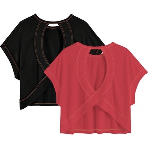 image:imageRoseSeek Girls 2 Packs Open Back Backless Tops Criss Cross Short Sleeve T Shirts Crewneck Casual TeesRed and Black