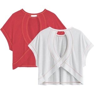 image:imageRoseSeek Girls 2 Packs Open Back Backless Tops Criss Cross Short Sleeve T Shirts Crewneck Casual TeesWhite and Red