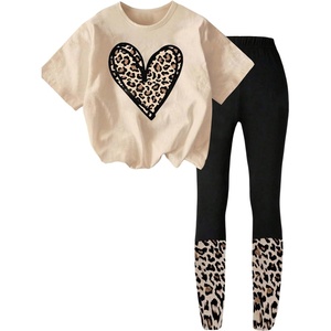 image:imageRoseSeek Girls 2 Piece Leopard Cheetah Outfits Short Sleeve Heart Graphic Tees and Skinny Leggings SetsMulticolor