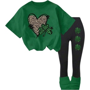 image:imageRoseSeek Girls 2 Piece Leopard Cheetah Outfits Short Sleeve Heart Graphic Tees and Skinny Leggings SetsMulticolor Green