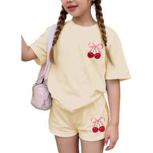 image:imageRoseSeek Girls 2 Piece Outfits Cherry Bow Graphic Tee Shirt and Shorts Set Cute Summer OutfitsApricot