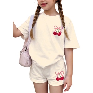image:imageRoseSeek Girls 2 Piece Outfits Cherry Bow Graphic Tee Shirt and Shorts Set Cute Summer OutfitsBeige
