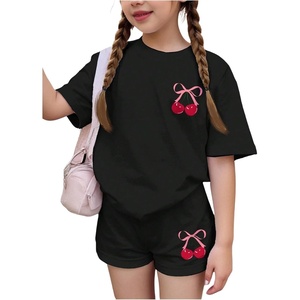 image:imageRoseSeek Girls 2 Piece Outfits Cherry Bow Graphic Tee Shirt and Shorts Set Cute Summer OutfitsBlack