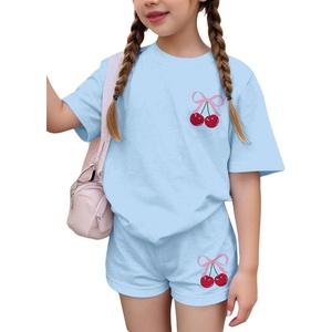 image:imageRoseSeek Girls 2 Piece Outfits Cherry Bow Graphic Tee Shirt and Shorts Set Cute Summer OutfitsBlue