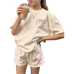 image:imageRoseSeek Girls 2 Piece Outfits Cherry Bow Graphic Tee Shirt and Shorts Set Cute Summer OutfitsBow Beige