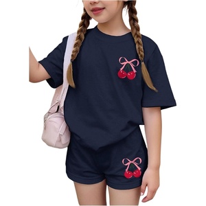 image:imageRoseSeek Girls 2 Piece Outfits Cherry Bow Graphic Tee Shirt and Shorts Set Cute Summer OutfitsDeep Blue