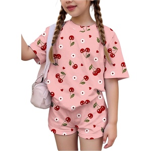image:imageRoseSeek Girls 2 Piece Outfits Cherry Bow Graphic Tee Shirt and Shorts Set Cute Summer OutfitsFloral Pink