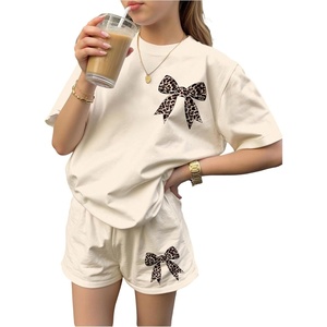 image:imageRoseSeek Girls 2 Piece Outfits Cherry Bow Graphic Tee Shirt and Shorts Set Cute Summer OutfitsMulticolor Beige