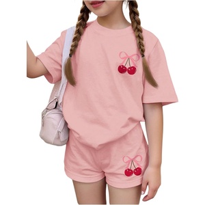 image:imageRoseSeek Girls 2 Piece Outfits Cherry Bow Graphic Tee Shirt and Shorts Set Cute Summer OutfitsPink