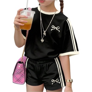 image:imageRoseSeek Girls 2 Piece Outfits Cherry Bow Graphic Tee Shirt and Shorts Set Cute Summer OutfitsStriped Black