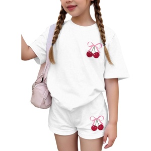 image:imageRoseSeek Girls 2 Piece Outfits Cherry Bow Graphic Tee Shirt and Shorts Set Cute Summer OutfitsWhite