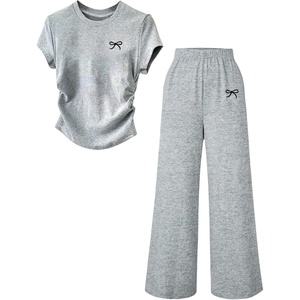 image:imageRoseSeek Girls 2 Piece Outfits Short Sleeve Bow Graphic Tees and Wide Leg Pants Set Summer Cute ClothesGrey