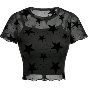 image:imageRoseSeek Girls 2 Piece Outfits Star Graphic Y2K Sheer Mesh Shirts and Spaghetti Strap Camisole TopsBlack