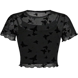 image:imageRoseSeek Girls 2 Piece Outfits Star Graphic Y2K Sheer Mesh Shirts and Spaghetti Strap Camisole TopsBlack Star